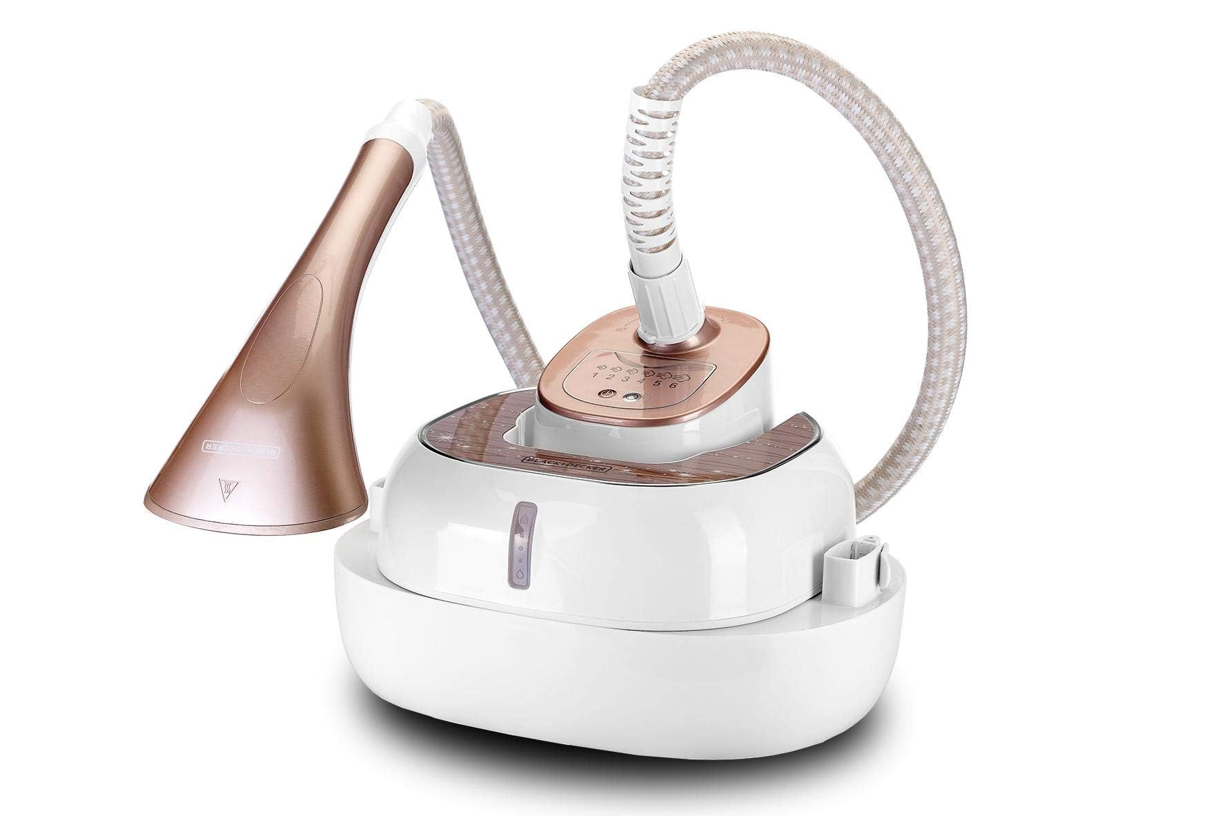 Black & Decker 2000W 2L Digital Garment Steamer 40gm/min Steam, With Detachable Board, Adjustable Poles Rotary Wheels+Multiple بلاك+ديكر مكواة بخار رقمية 2000 واط، ابيض/ذهبي Black & Decker 2000W 2L Digital Garment Steamer 40gm/min Steam, With Detachable Board, Adjustable Poles Rotary Wheels+Multiple بلاك+ديكر مكواة بخار رقمية 2000 واط، ابيض/ذهبي